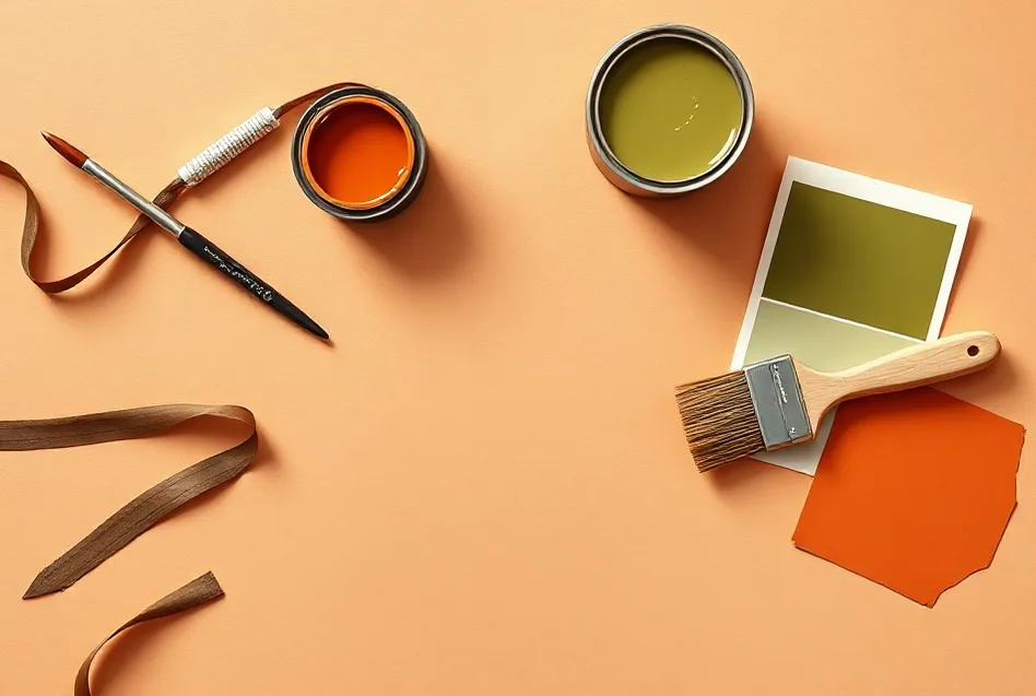 Pots de peinture, nuancier, brosses et rouleaux disposés à plat