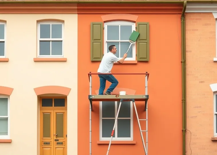 Peintre sur échafaudage traitant la façade d'une maison